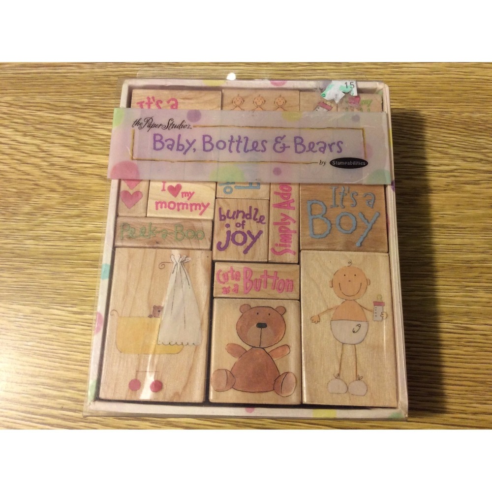 The Paper Studio Stamp Set Baby Bottles and Bears Wooden Mounted Stamping Set